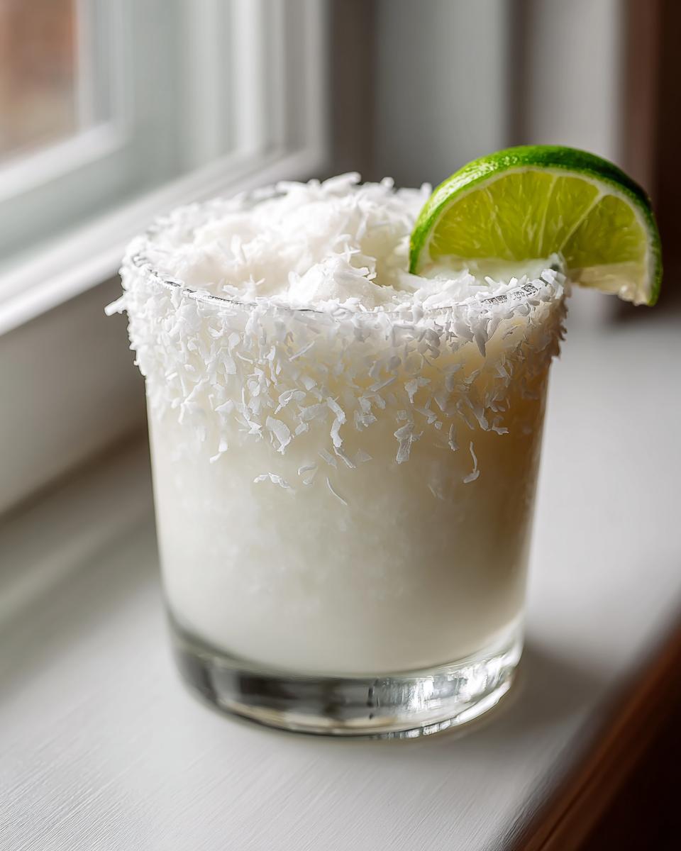 A frosty White Christmas Margarita topped with shredded coconut and garnished with a lime wedge.
