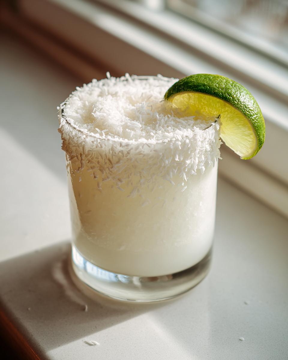 A frosty white Christmas margarita in a glass, rimmed with shredded coconut and garnished with a lime wedge.