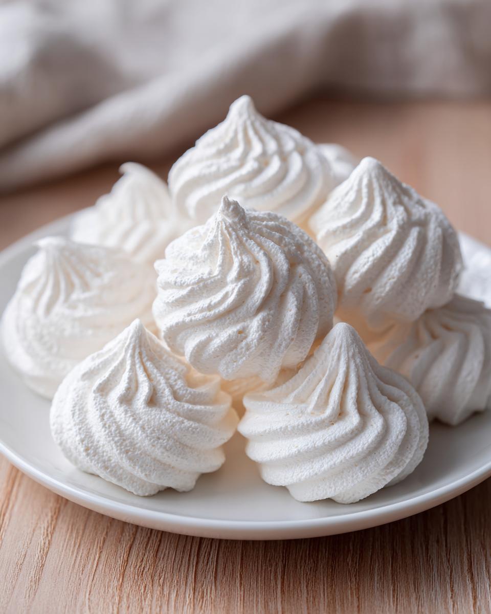 A close-up of several perfectly piped, crisp white meringue cookies piled on a small white plate.