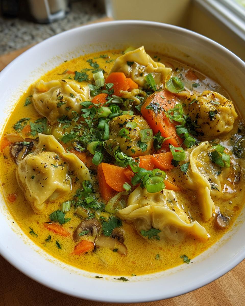 A close-up of a white bowl filled with rich, yellow coconut curry soup featuring wonton dumplings, sliced carrots, mushrooms, and green onions.