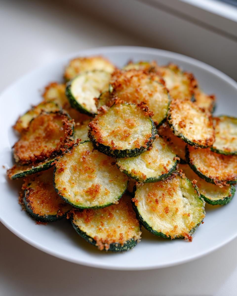 A pile of golden, crispy air fryer zucchini chips coated in breading served on a white plate.