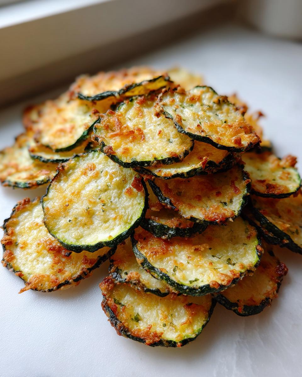 A pile of golden, crispy air fryer zucchini chips topped with melted, slightly browned cheese.