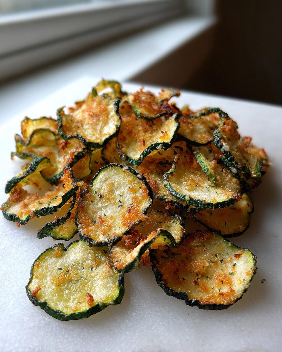 A pile of crispy, seasoned air fryer zucchini chips with slightly browned edges and visible herbs.