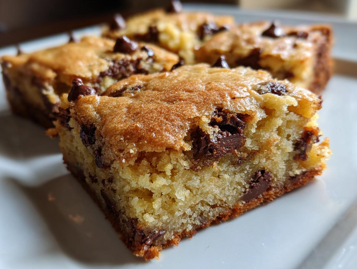 A close-up of a soft, thick square of cake mix cookie bars loaded with melted chocolate chips.