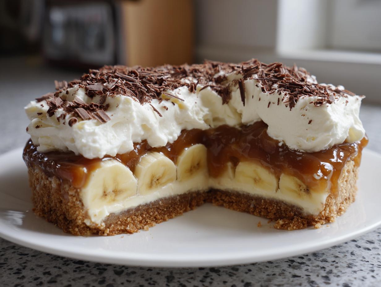 A cross-section view of an amazing banoffee pie showing layers of biscuit base, cream, bananas, toffee, and whipped cream topping with chocolate shavings.