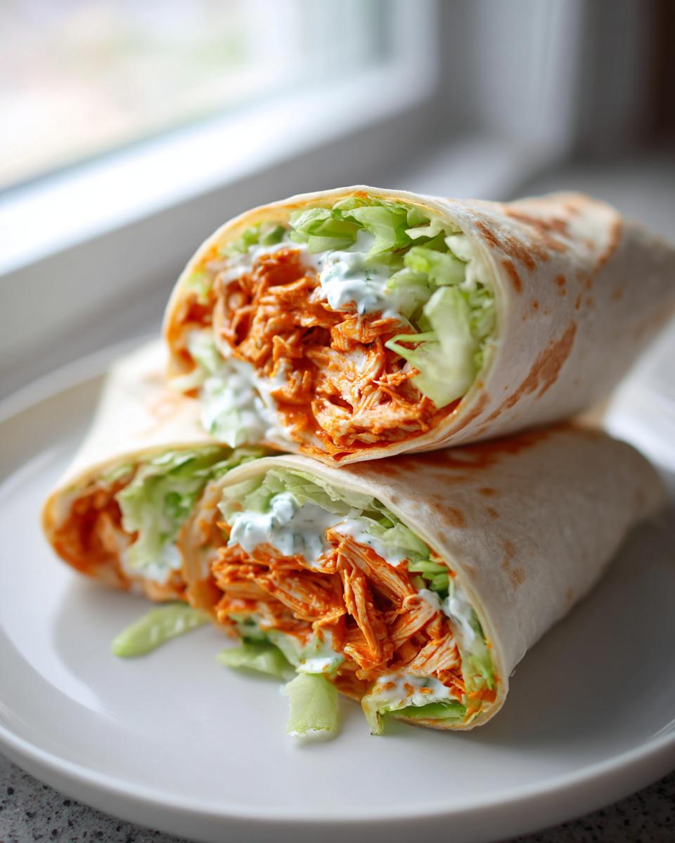 Two halves of amazing buffalo chicken wraps filled with shredded orange buffalo chicken, lettuce, and ranch dressing.