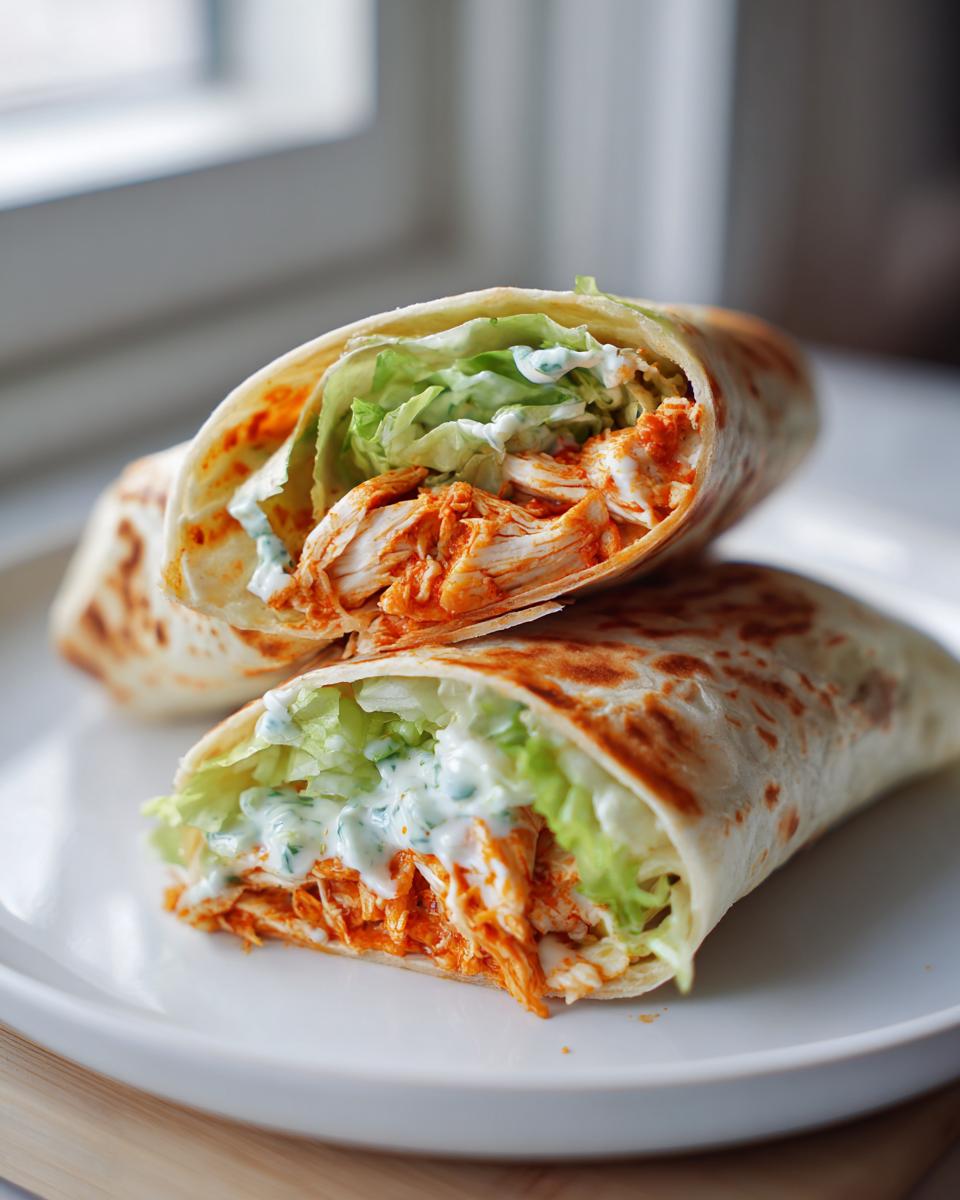 Two halves of amazing buffalo chicken wraps stacked, showing shredded orange buffalo chicken, lettuce, and creamy ranch dressing.