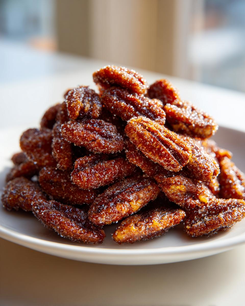 A close-up, sunlit pile of freshly made candied pecans coated in sparkling sugar crystals.