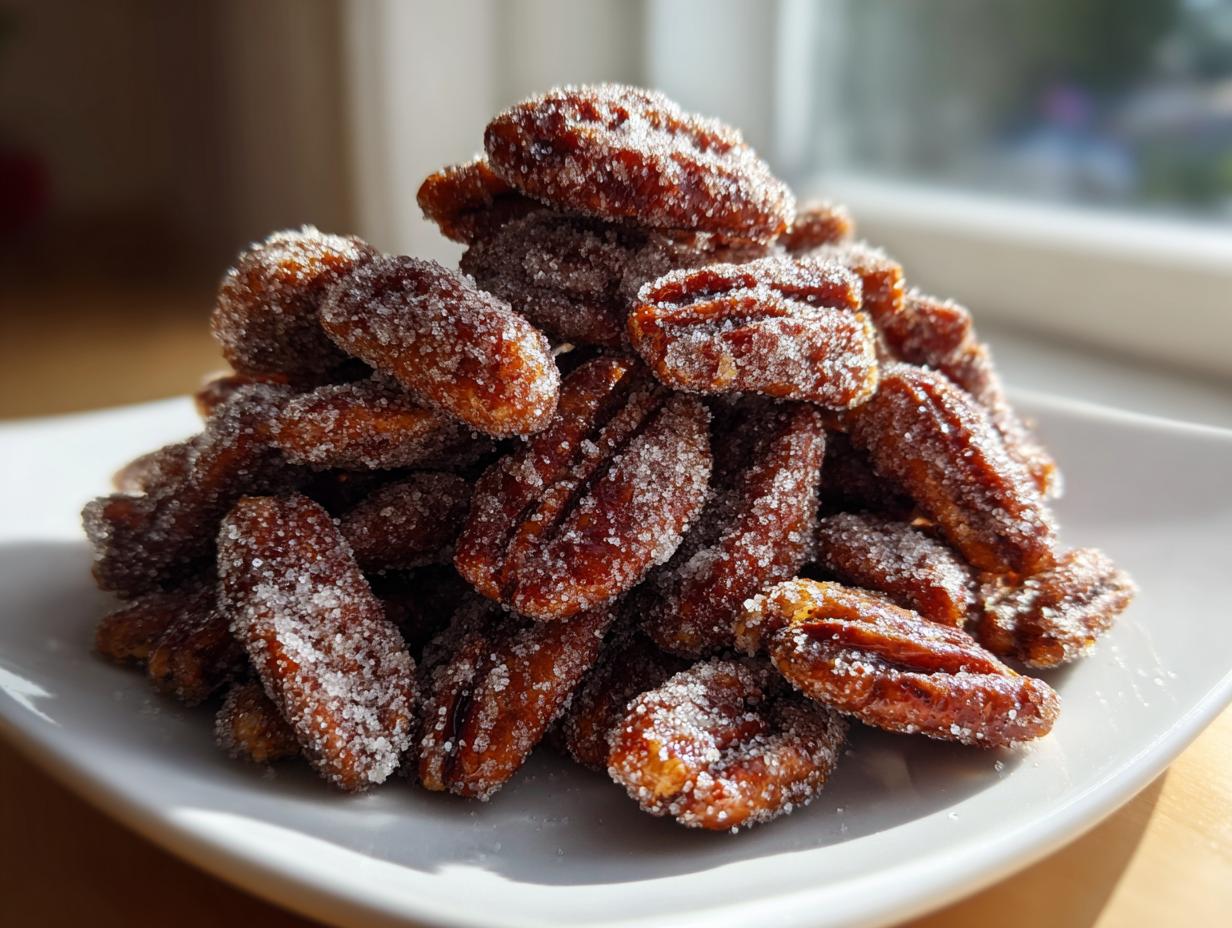 A close-up, bright photo of a mound of freshly made candied pecans coated in sparkling sugar crystals.