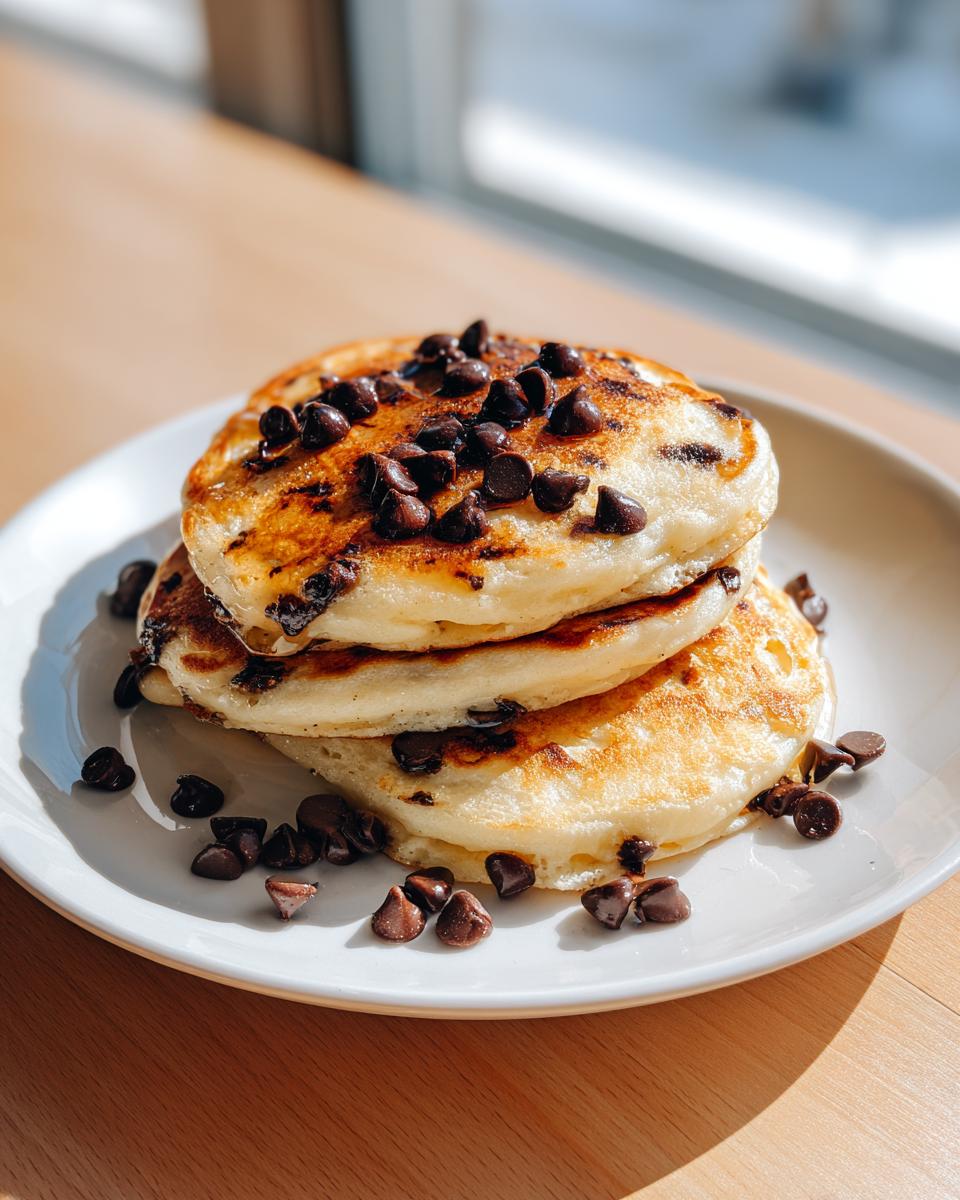A stack of three fluffy chocolate chip pancakes topped generously with melted chocolate chips.