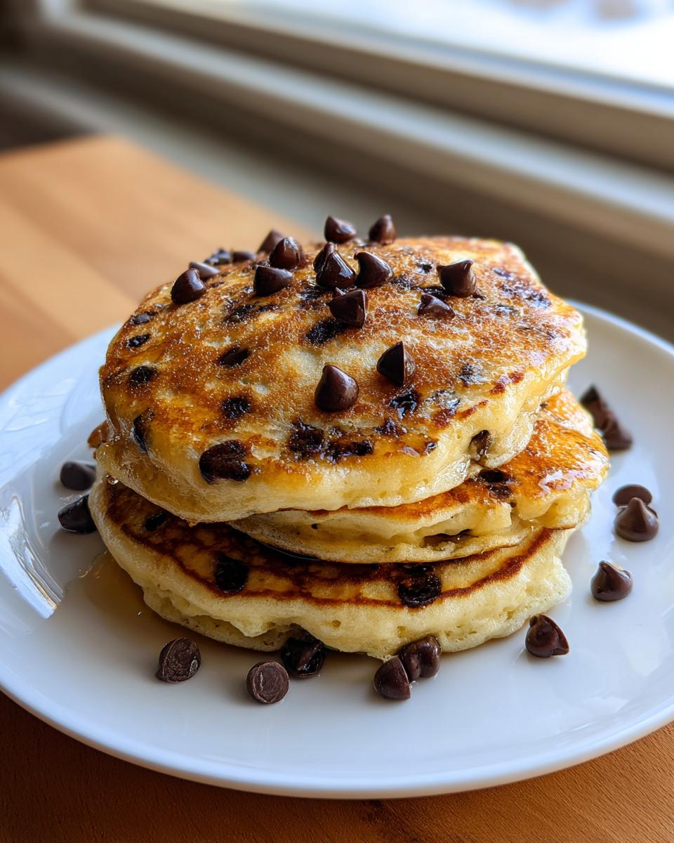 A stack of three fluffy chocolate chip pancakes drizzled with syrup and topped with chocolate chips.