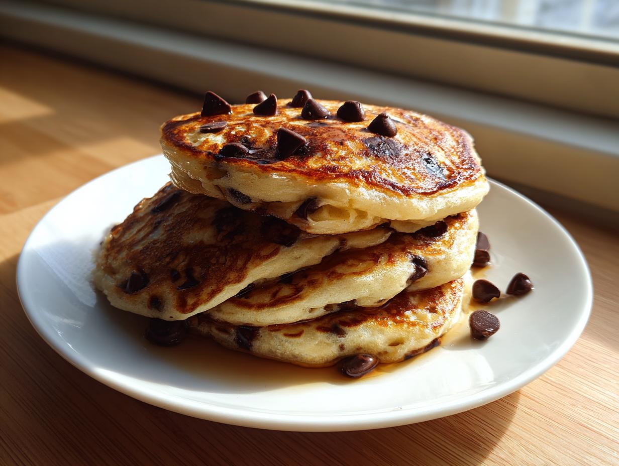 A stack of three fluffy chocolate chip pancakes drizzled with syrup and topped with chocolate chips.