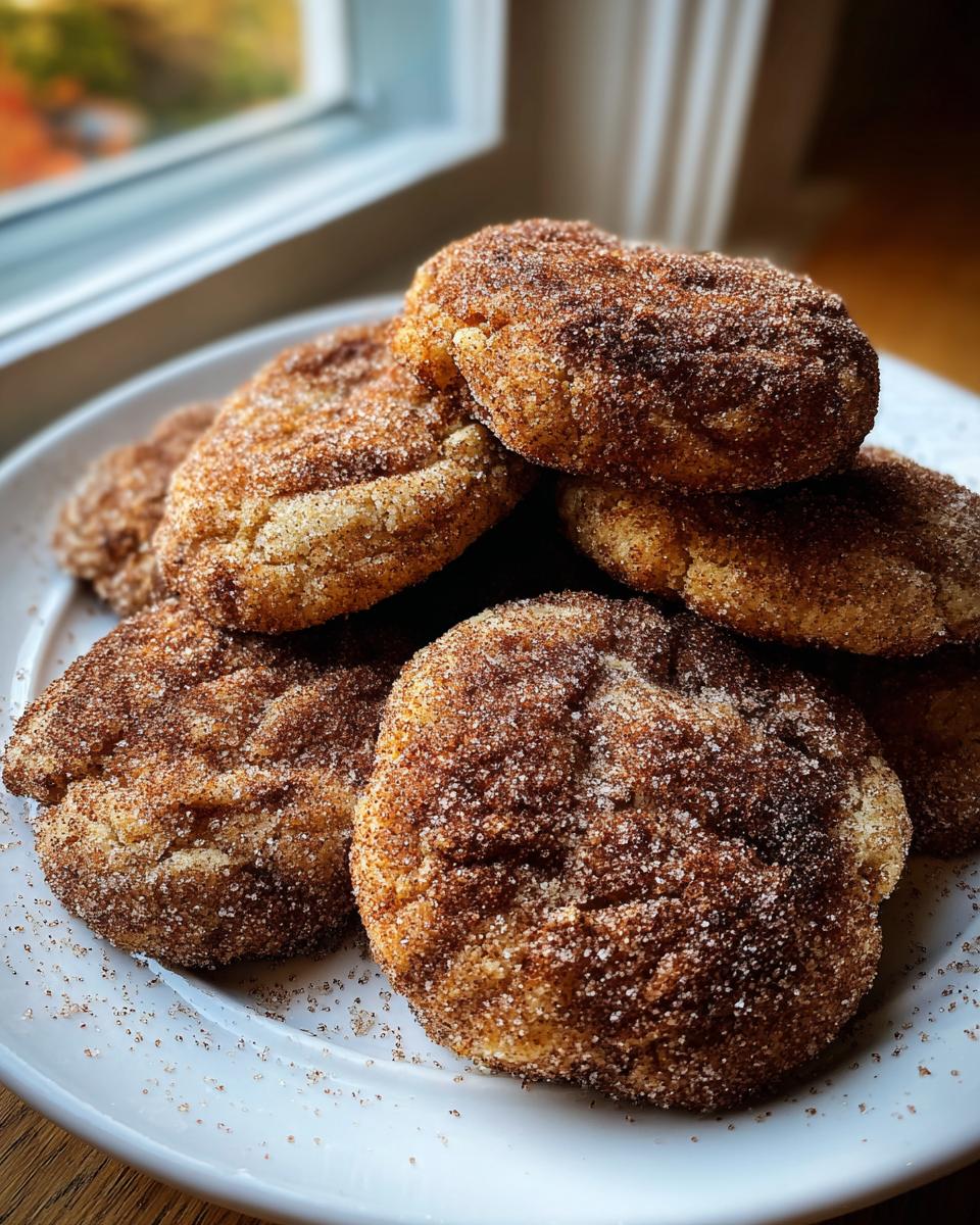 A close-up of freshly baked churro cookies generously coated in cinnamon sugar, stacked on a white plate.