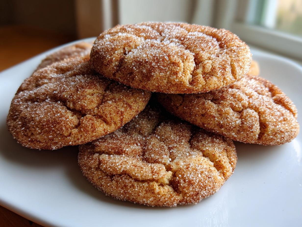 A stack of freshly baked churro cookies coated generously in cinnamon sugar, resting on a white plate.