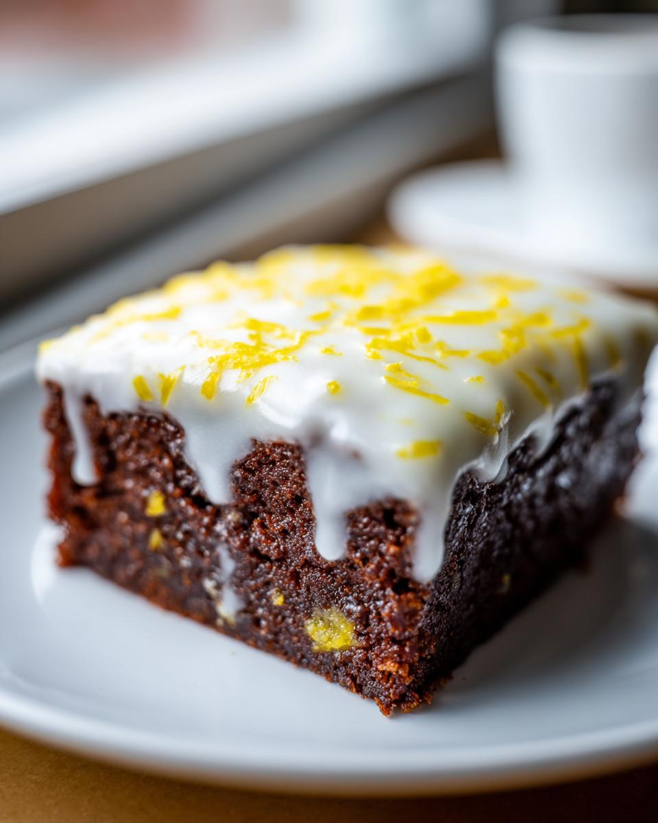 A single square of rich, dark chocolate lemon brownies topped with white glaze and bright yellow lemon zest.