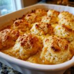 Close-up of a bubbling pot pie casserole topped with golden brown, baked biscuits.
