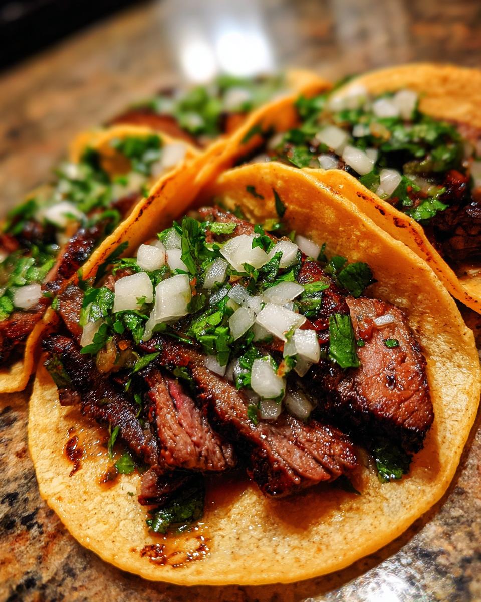 Close-up of delicious steak tacos filled with sliced, seasoned steak, topped with diced white onion and fresh cilantro.