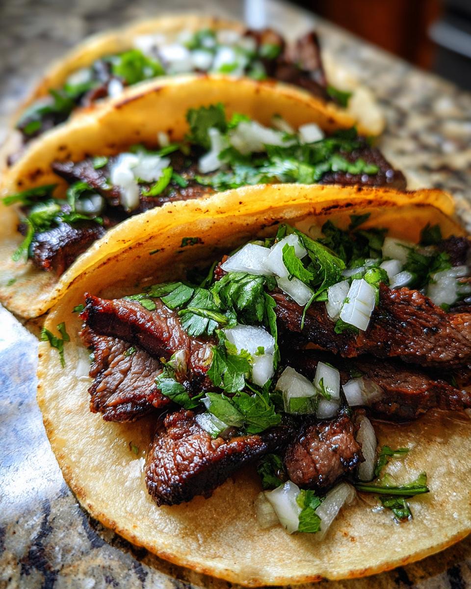 Close-up of three authentic steak tacos filled with grilled steak, white onion, and cilantro on corn tortillas.