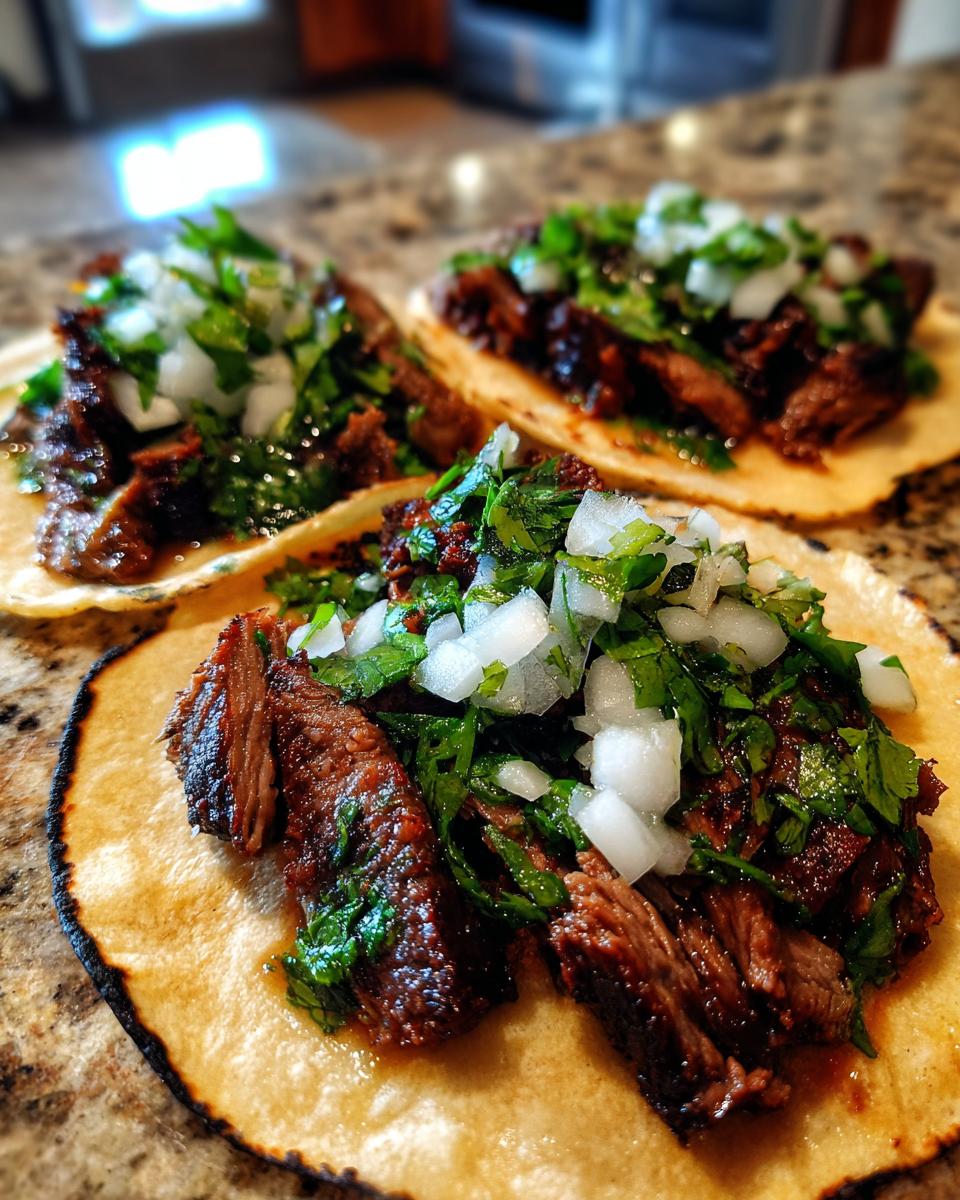 Three delicious steak tacos topped with cilantro and diced white onions on a marble counter.