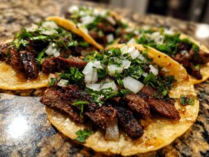 Close-up of several delicious steak tacos topped with diced white onion and fresh cilantro on corn tortillas.