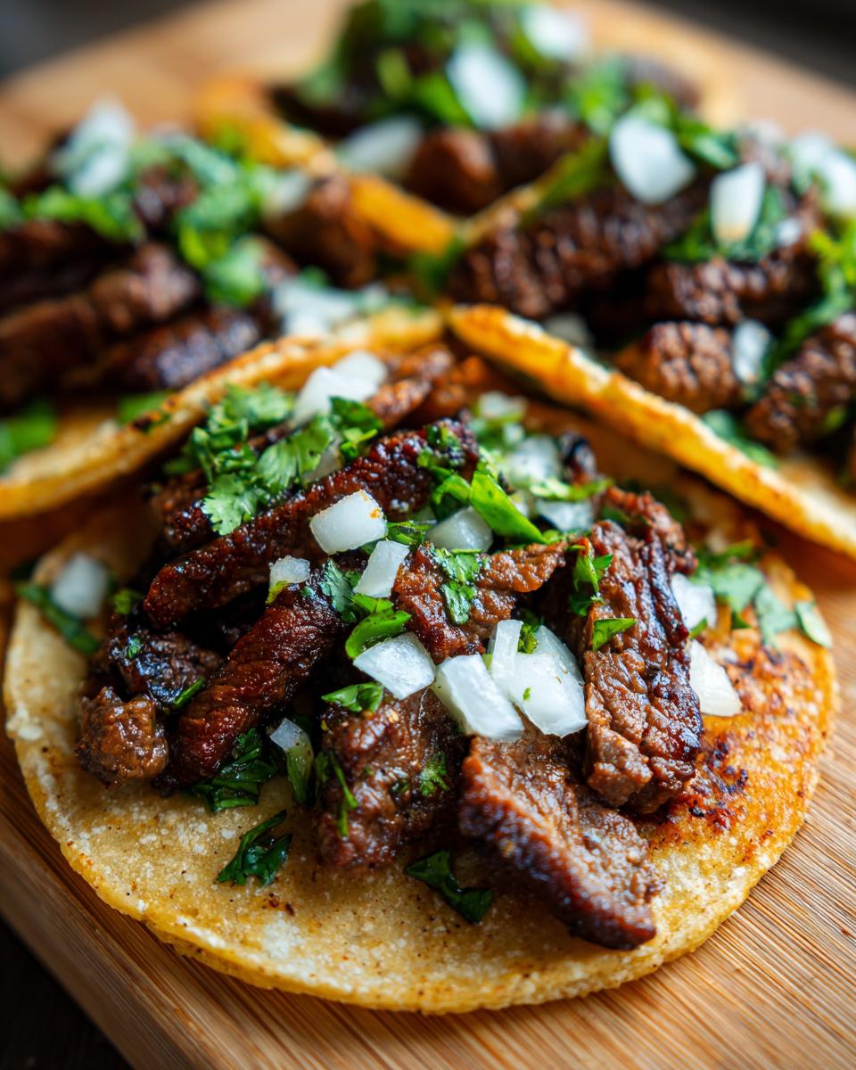 Close-up of delicious steak tacos topped with white onions and cilantro on a wooden board.