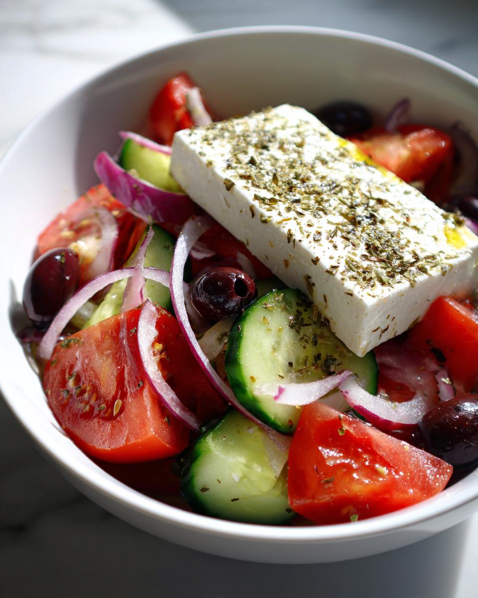 Close-up of an authentic greek salad featuring a large block of feta cheese seasoned with oregano.