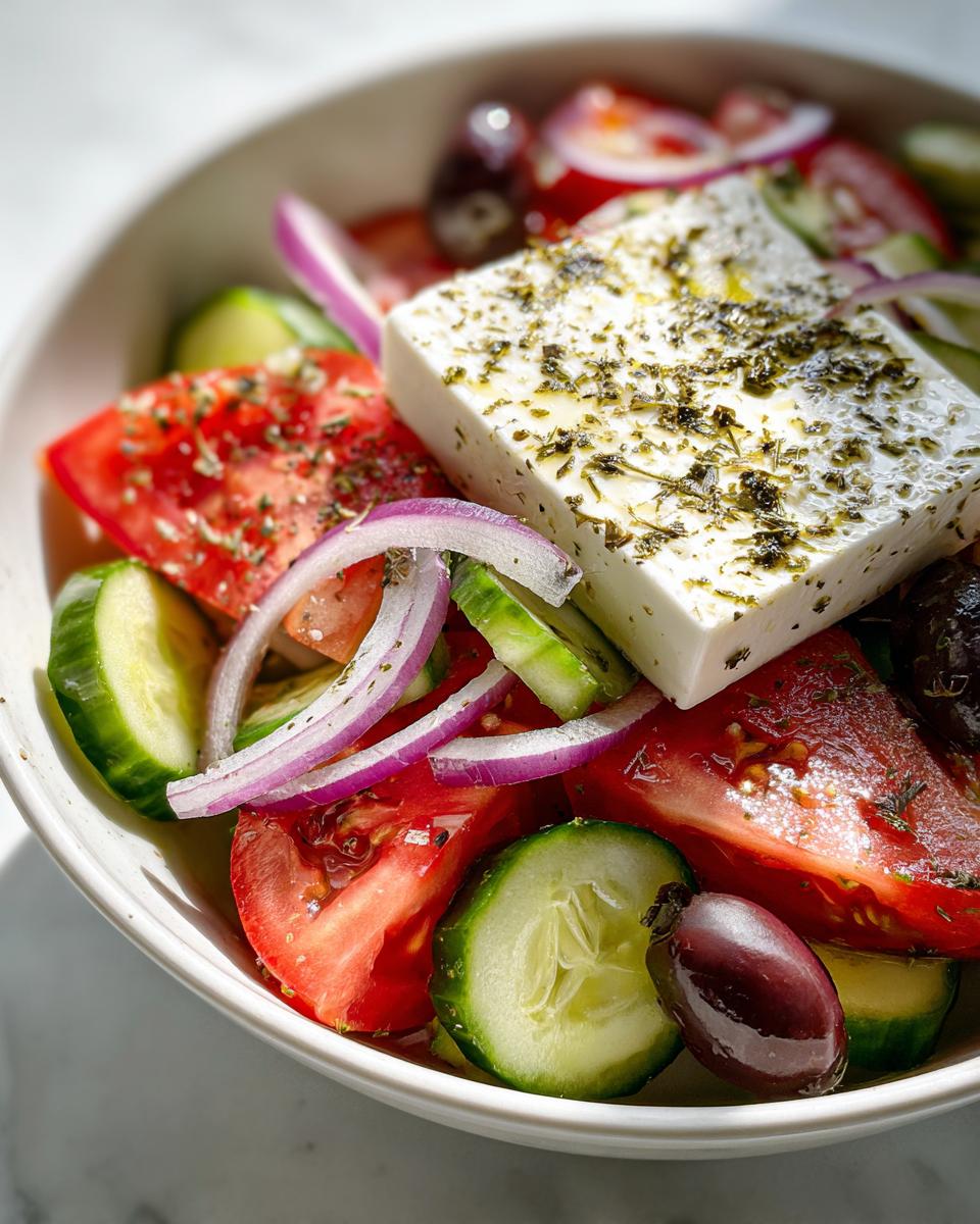 Close-up of a vibrant greek salad featuring a large block of feta cheese seasoned with herbs, tomatoes, cucumbers, red onion, and Kalamata olives.