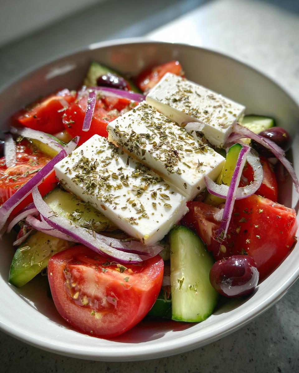 Close-up of an authentic greek salad featuring large blocks of feta cheese topped with oregano, tomatoes, cucumbers, and red onion.