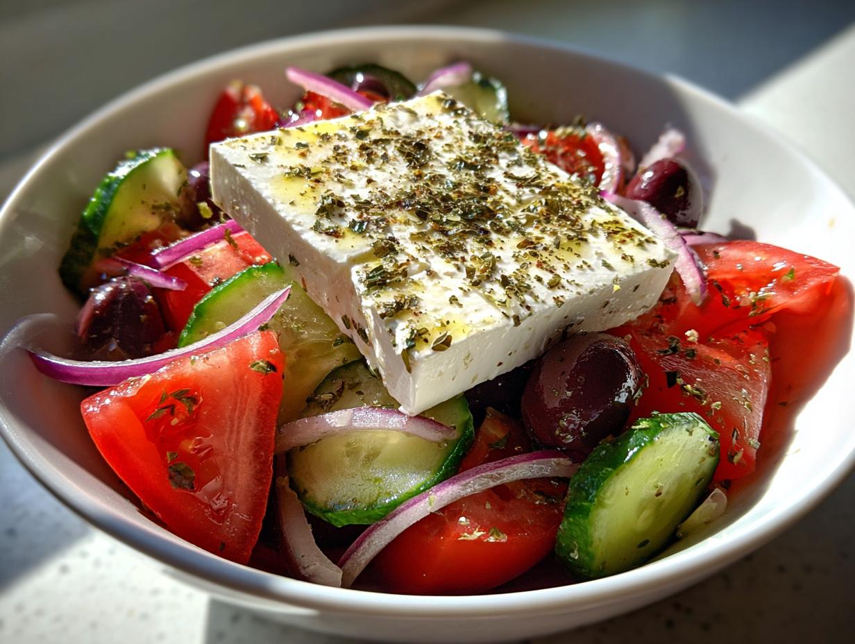 Close-up of an authentic greek salad featuring a large block of feta cheese topped with oregano, tomatoes, cucumbers, olives, and red onion.