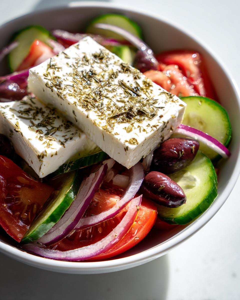 Close-up of authentic greek salad featuring large blocks of feta cheese seasoned with oregano over tomatoes, cucumbers, and Kalamata olives.