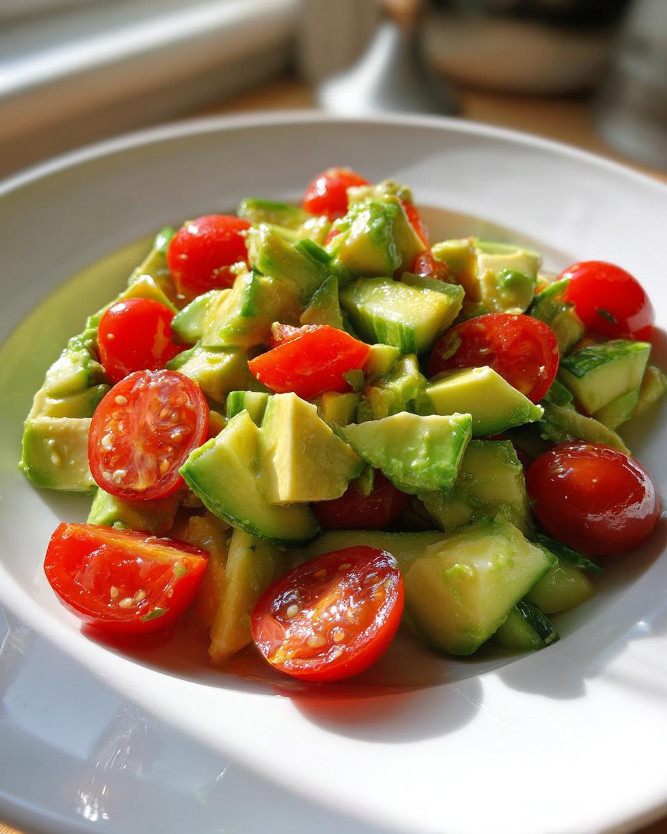 Close-up of a vibrant avocado salad featuring diced avocado and halved cherry tomatoes in a white bowl.