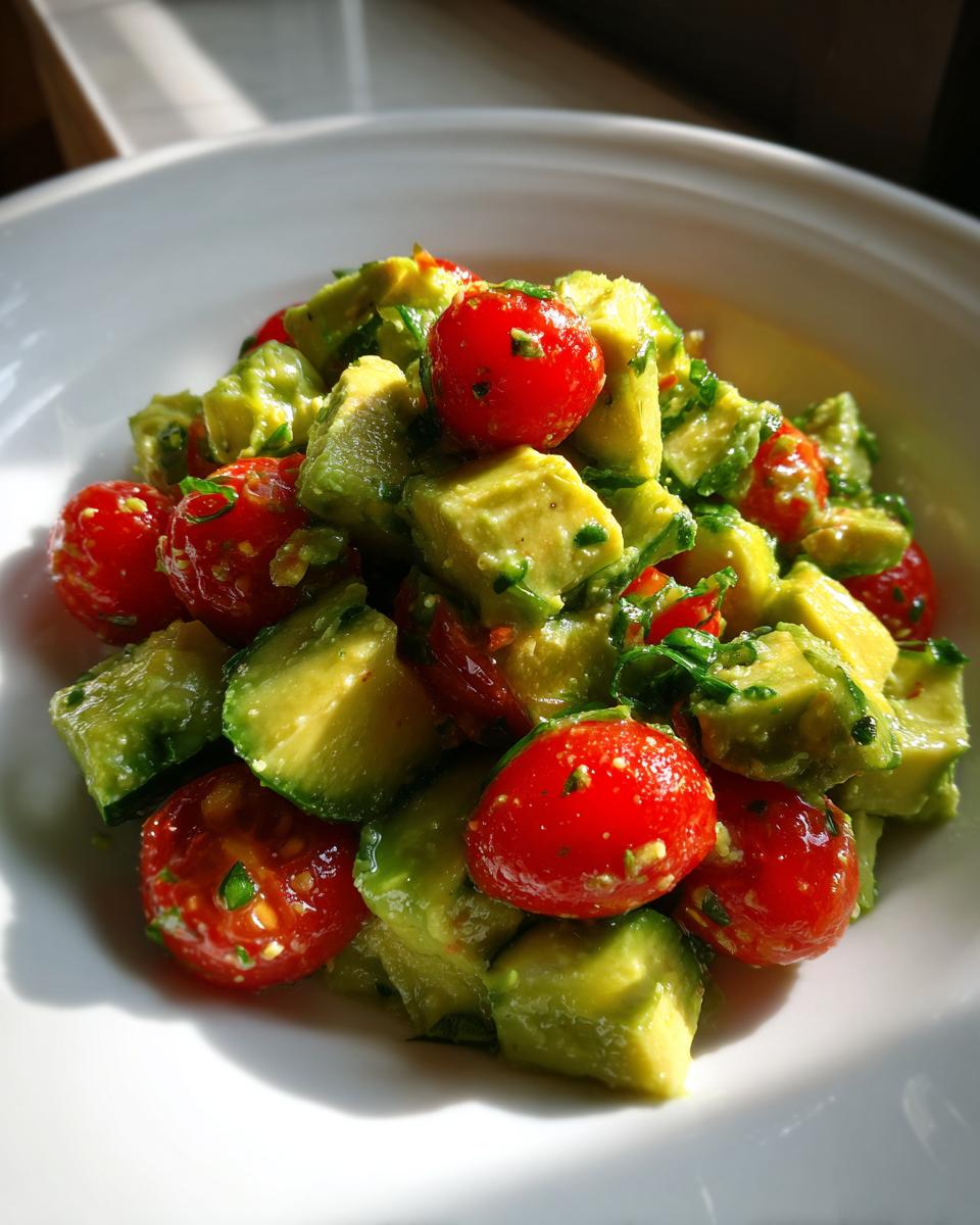 Close-up of vibrant avocado salad cubes mixed with bright red cherry tomatoes and herbs.