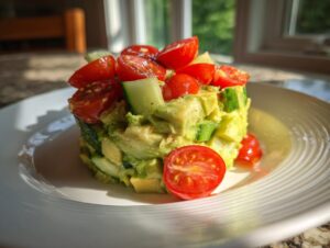 A molded stack of fresh avocado salad mixed with cucumber and topped with halved cherry tomatoes.