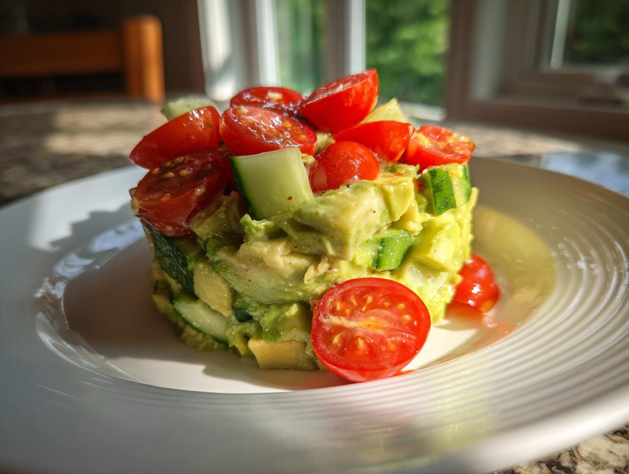 A molded stack of fresh avocado salad mixed with cucumber and topped with halved cherry tomatoes.