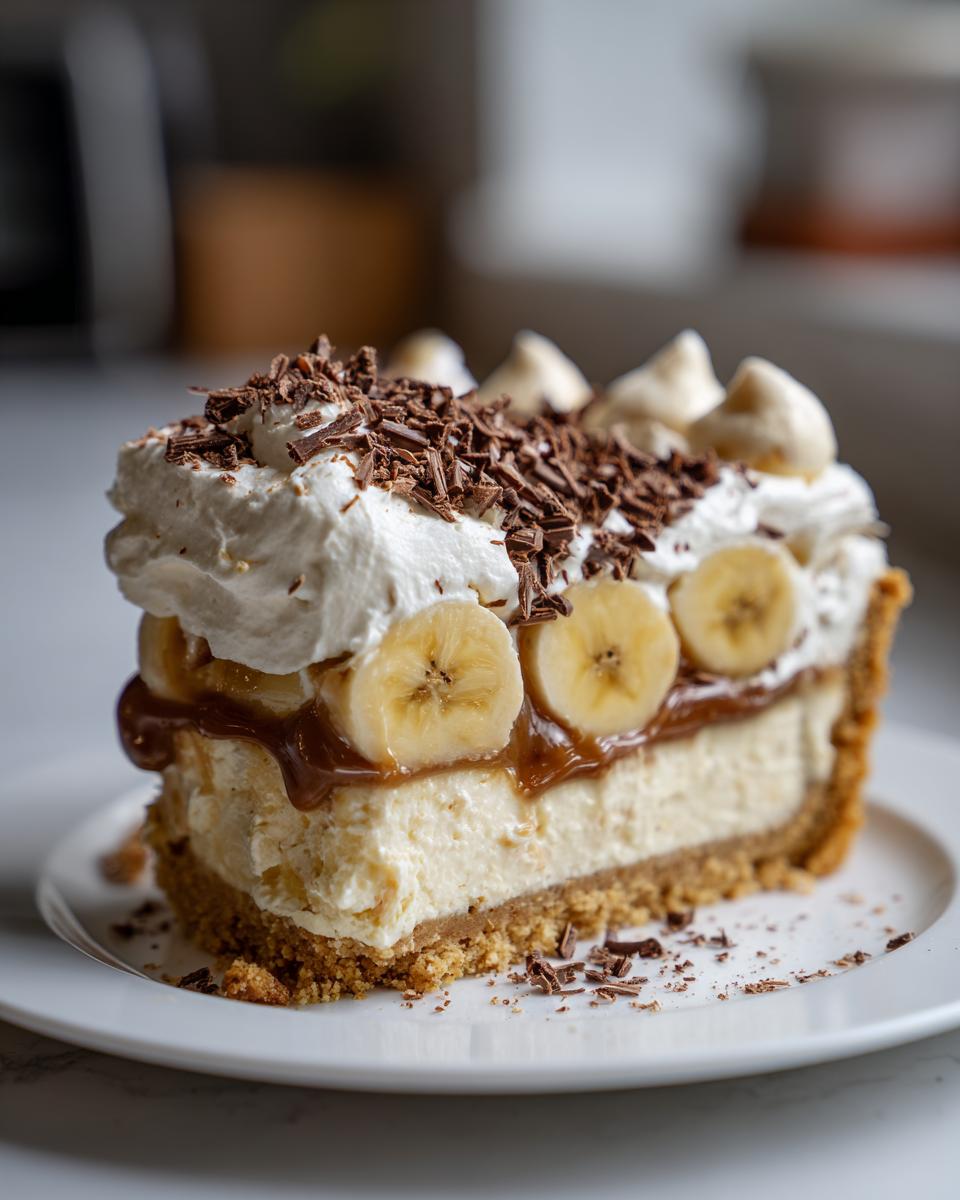 A thick slice of banoffee pie featuring a graham cracker crust, creamy filling, caramel, banana slices, and whipped cream topped with chocolate shavings.