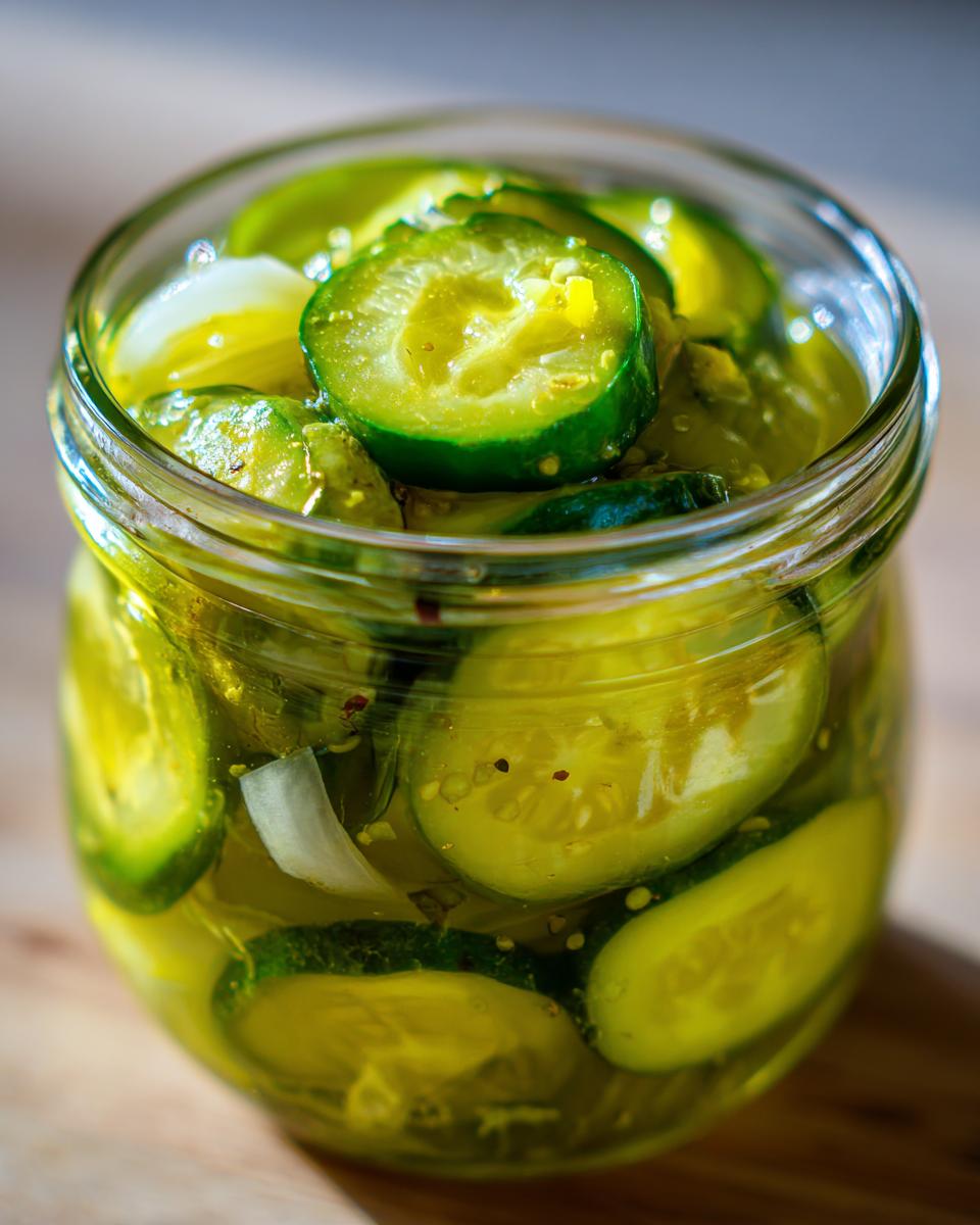 Close-up of sliced bread and butter pickle coins submerged in yellow pickling brine inside a glass jar.