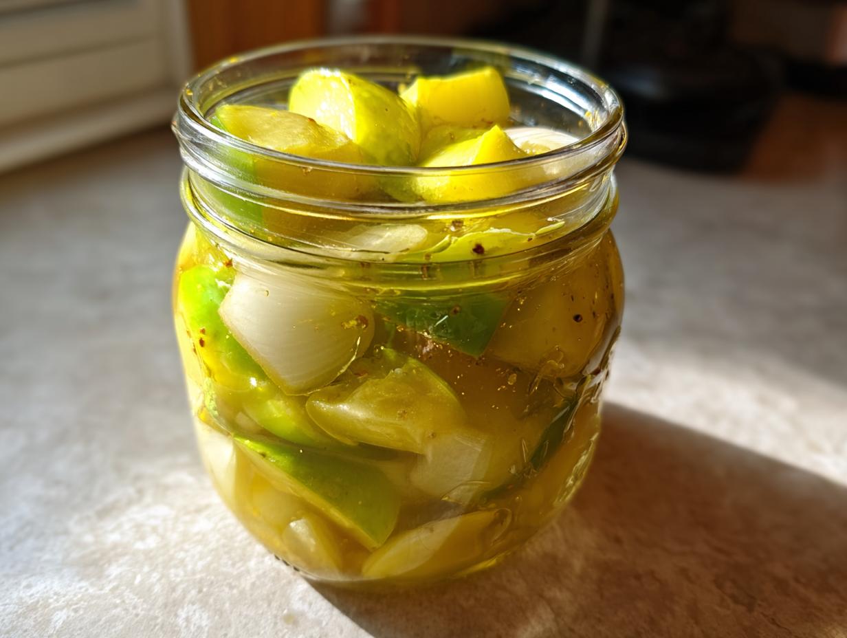 Close-up of sliced cucumbers and onions soaking in yellow brine for bread and butter pickle recipe.