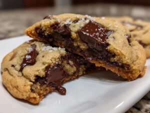Close-up of brown butter chocolate chip cookies cut in half showing gooey melted chocolate and sea salt.