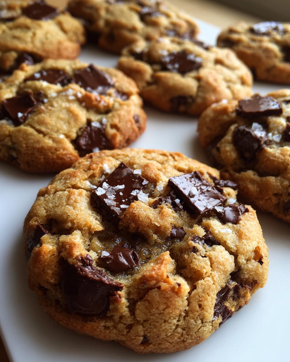 Close-up of freshly baked brown butter chocolate chip cookies topped with large chocolate chunks and flaky sea salt.
