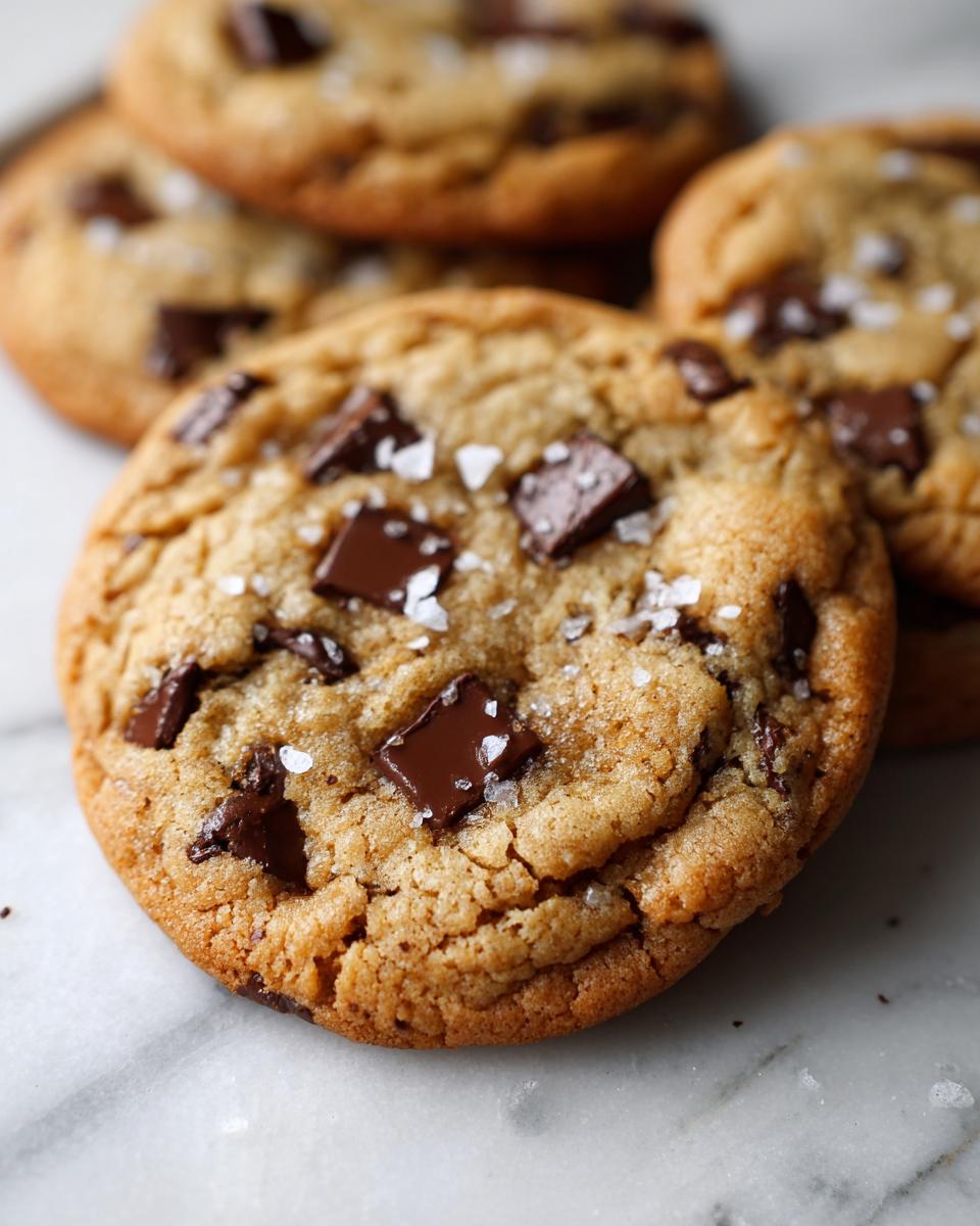 Close-up of a freshly baked brown butter chocolate chip cookie topped with flaky sea salt and chocolate chunks.