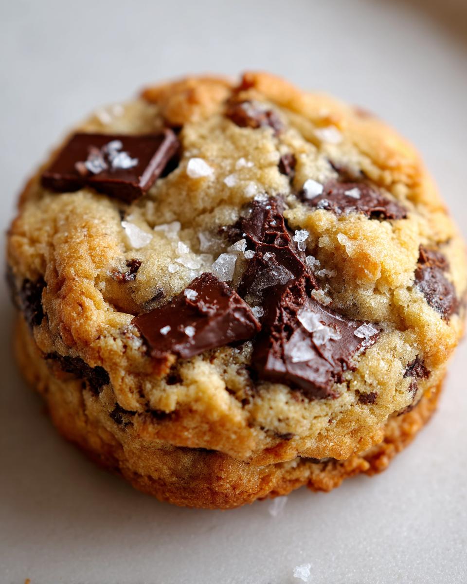Close-up of a thick, chewy brown butter chocolate chip cookie topped with dark chocolate chunks and flaky sea salt.
