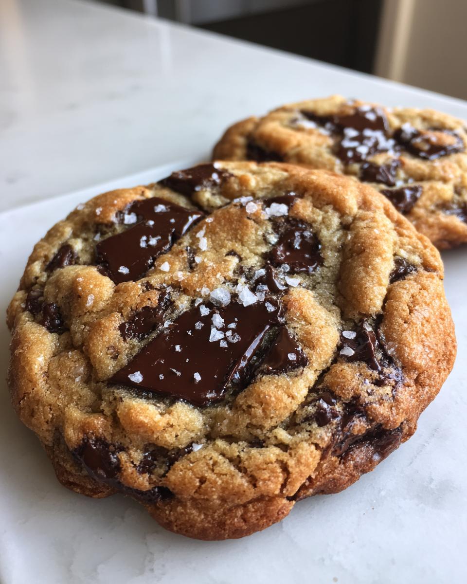 Close-up of a gooey brown butter chocolate chip cookie topped with flaky sea salt.