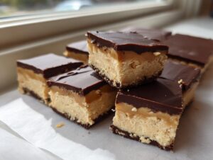 Close-up of several squares of rich buckeye fudge with a peanut butter center and chocolate topping.