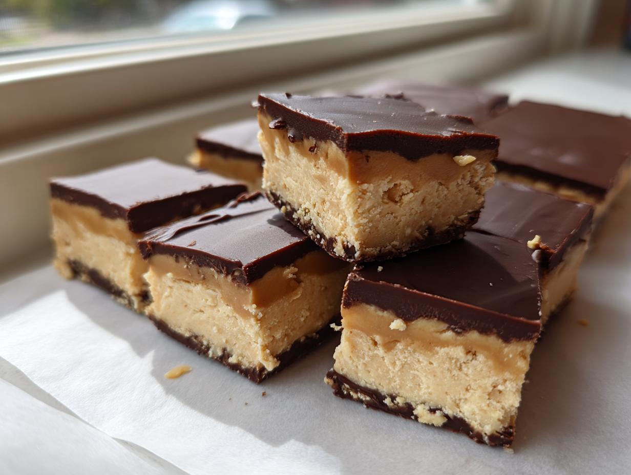 Close-up of several squares of rich buckeye fudge with a peanut butter center and chocolate topping.