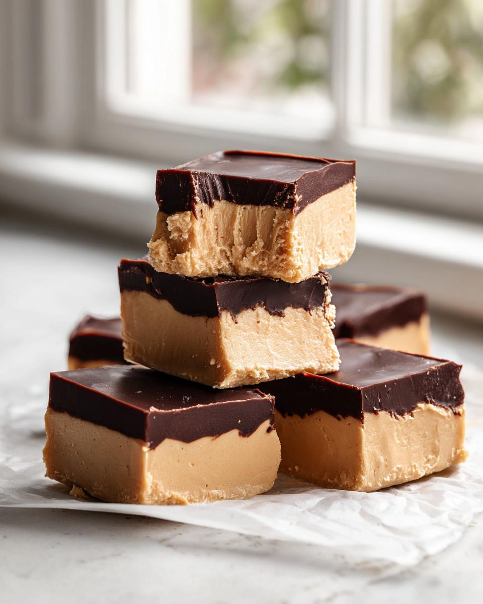 A stack of rich, creamy buckeye fudge squares topped with a smooth layer of dark chocolate.
