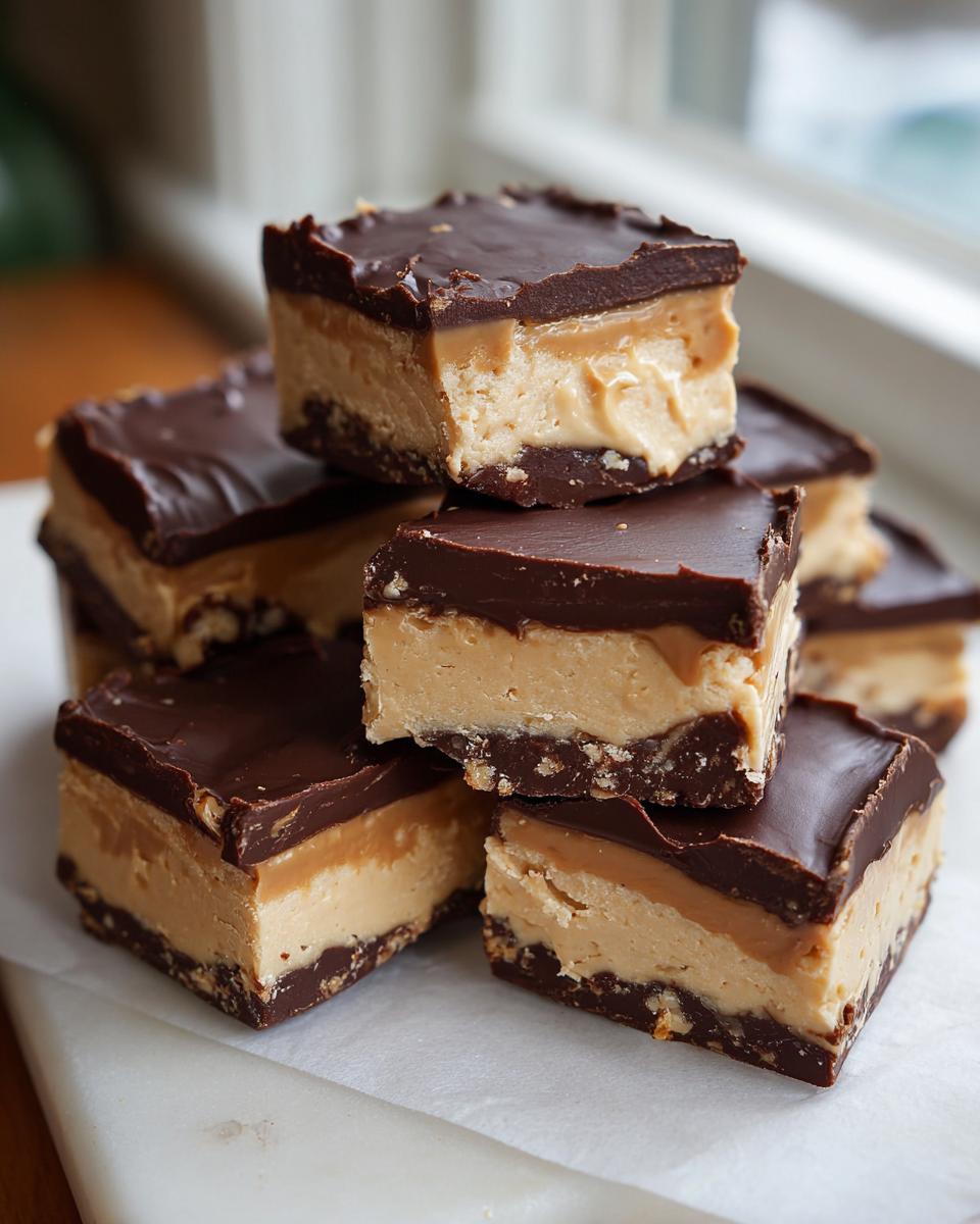 A stack of rich, layered buckeye fudge squares topped with smooth chocolate ganache.