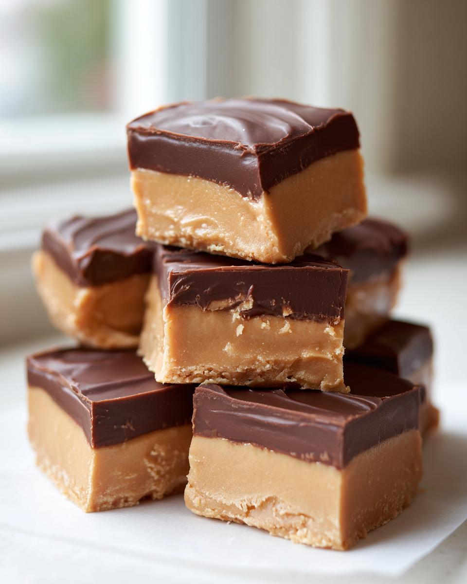 A stack of rich, two-layered buckeye fudge squares topped with smooth chocolate ganache.