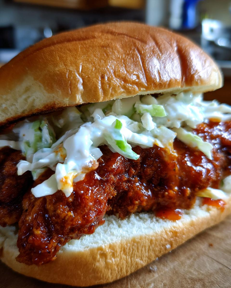 Close-up of a juicy buffalo chicken sandwich featuring crispy chicken coated in sauce and topped with creamy coleslaw on a brioche bun.