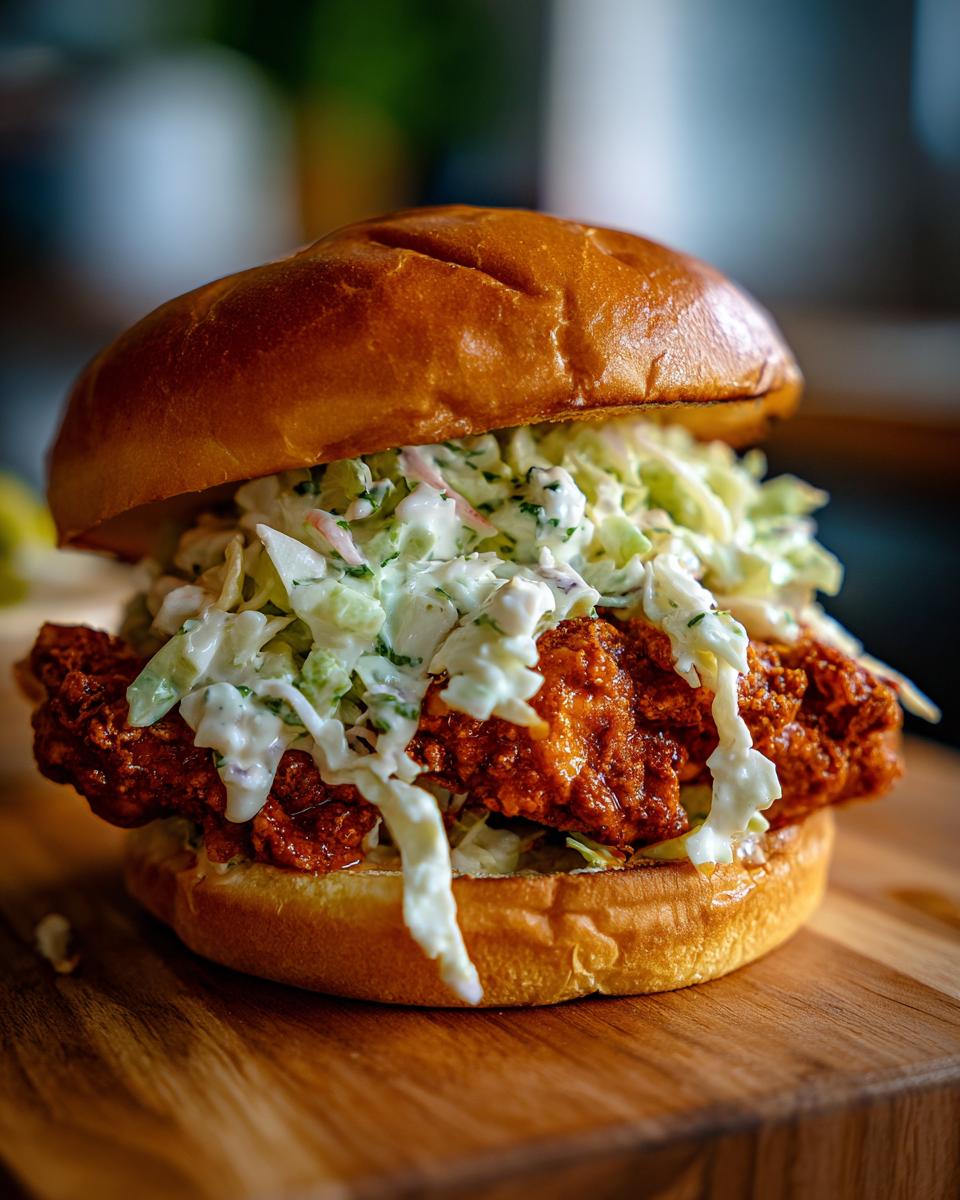 Close-up of a perfectly assembled buffalo chicken sandwich featuring a crispy, sauced chicken fillet topped with creamy coleslaw on a brioche bun.