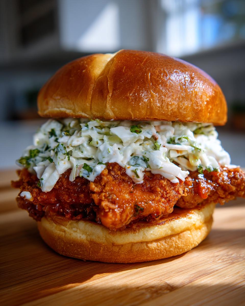 A close-up of a crispy buffalo chicken sandwich topped with creamy coleslaw on a brioche bun.